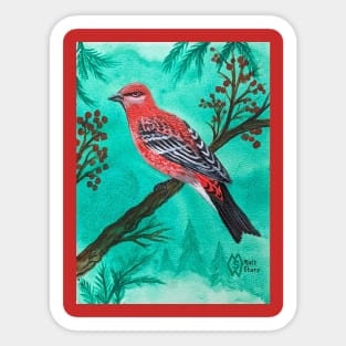 Pine grosbeak in the evergreen forest Sticker